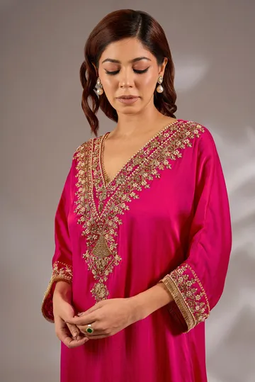 A-line kurta in satin organza base with dori hand embroidery. image 5