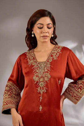 A-line kurta in satin organza base with dori hand embroidery. image 4
