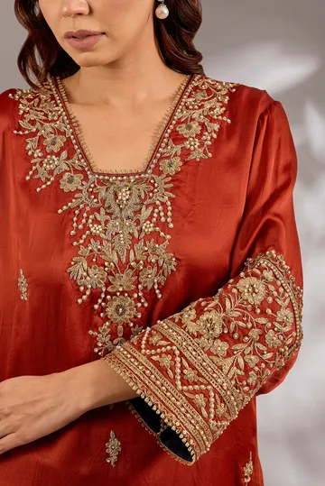 A-line kurta in satin organza base with dori hand embroidery. image 5