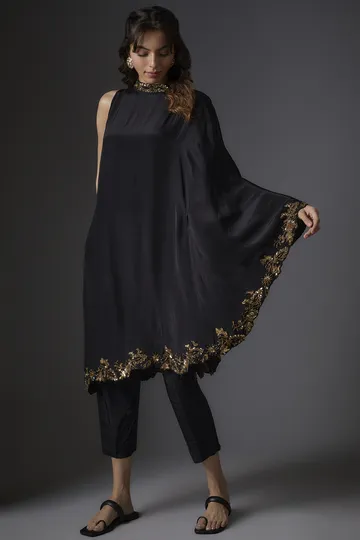 Black Crepe Embroidered Cape Set
