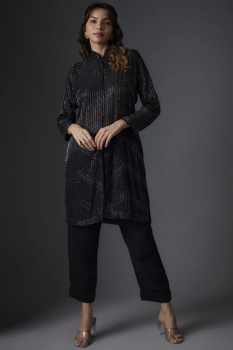 Black Georgette Embroidered Jacket Set