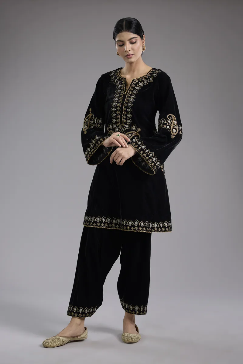 Black velvet Aari and hand embroidery kurta set