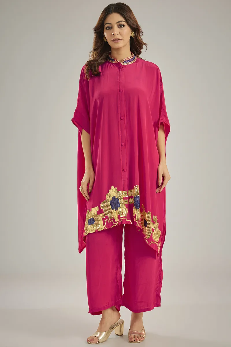 Dark Pink Crepe Sequins Hand Embroidered Kaftan Set