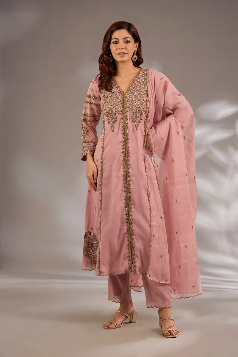 Flared kurta in mul chanderi base with hand embroidery.