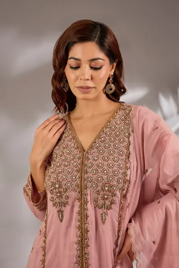Flared kurta in mul chanderi base with hand embroidery. image 4