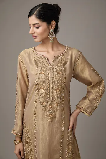 Golden Tissue Dori Hand Embroidered Kurta Set image 4