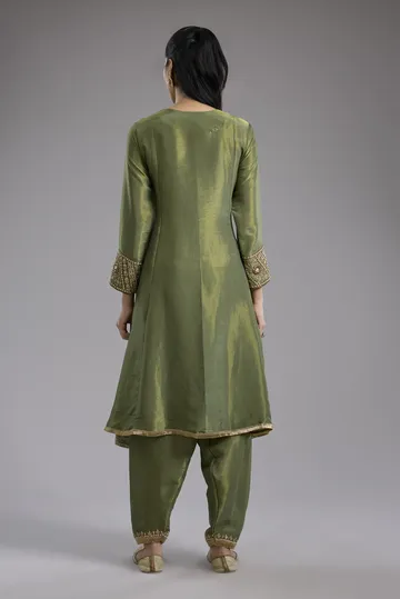 Green tissue Anarkali with hand embroidery image 2