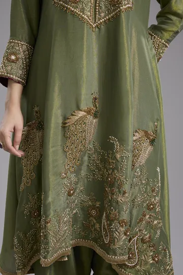 Green tissue Anarkali with hand embroidery image 4