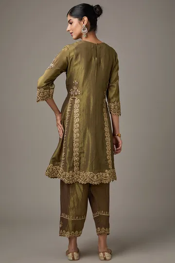 Green Tissue Dori Hand Embroidered A-lIne Short Anarkali Set image 2