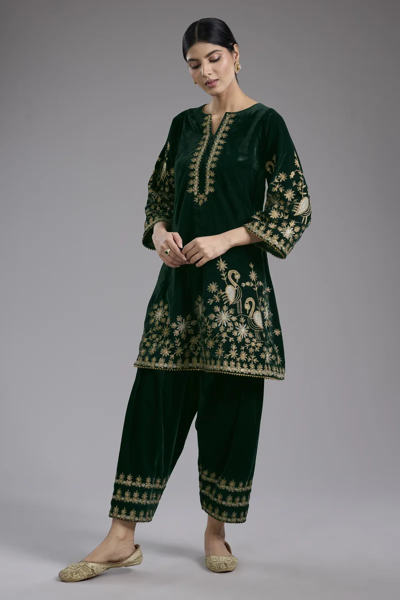 Green velvet Aari and hand embroidery kurta set