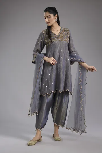 Grey crush tissue Anarkali with hand embroidery