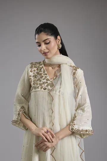 Ivory crush tissue Anarkali with hand embroidery image 4