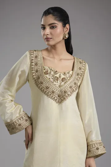 Ivory tissue dori hand embroidery sharara set image 5
