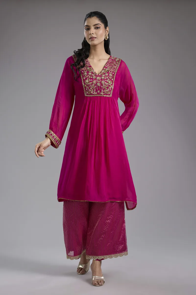 Magenta organza hand embroidery kurta set