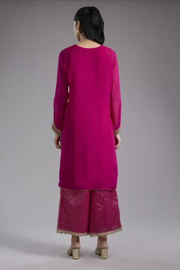 Magenta organza hand embroidery kurta set image 2