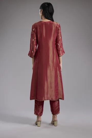 Magenta tissue A-line kurta set with dori machine embroidery image 2