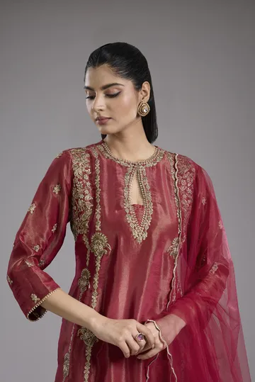 Magenta tissue A-line kurta set with dori machine embroidery image 4