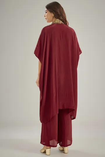 Maroon Crepe Sequins & Crystal Hand Embroidered Kaftan Set image 2