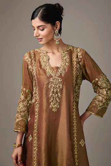 Maroon Tissue Dori Hand Embroidered A-Line Short Anarkali Set image 4