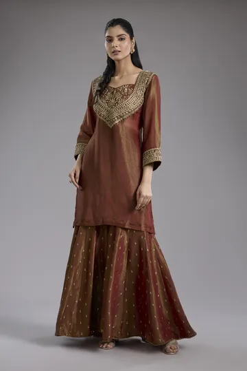 Maroon tissue dori hand embroidery sharara set