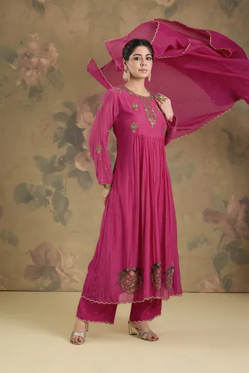 Mul Chanderi Anarkali Set With Handwork