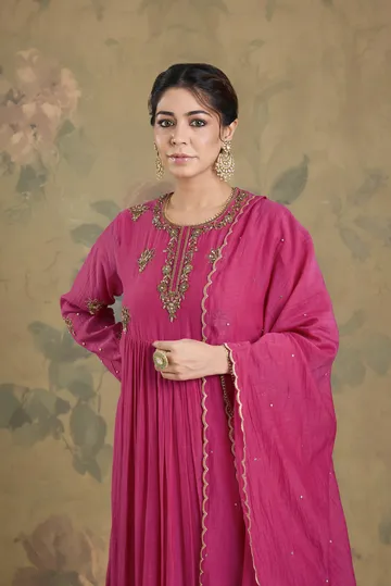 Mul Chanderi Anarkali Set With Handwork image 5