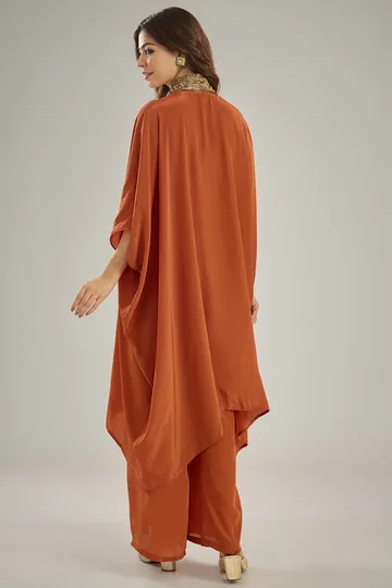 Orange Crepe Sequins & Crystal Hand Embroidered Kaftan Set image 2