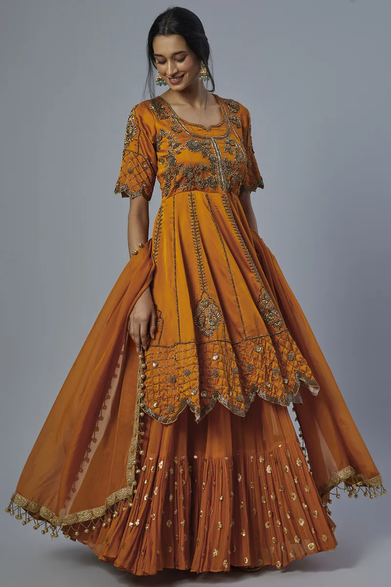 Orange Satin Silk Anarkali Set