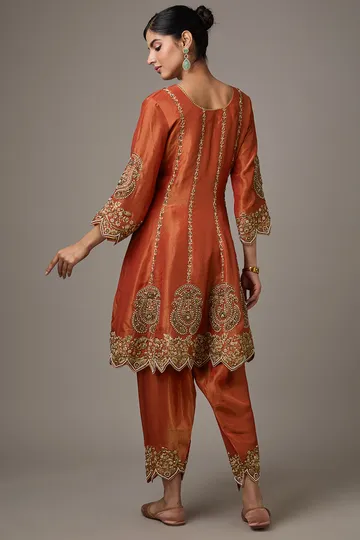 Orange Tissue Dori Hand Embroidered Kurta Set image 2