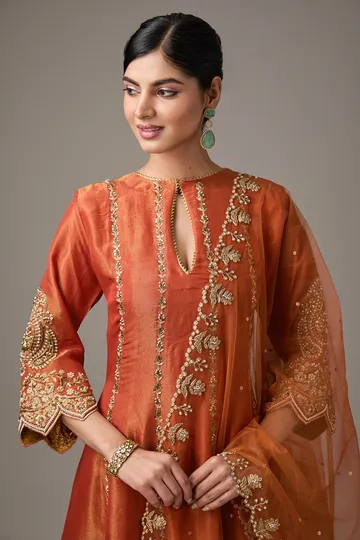 Orange Tissue Dori Hand Embroidered Kurta Set image 4