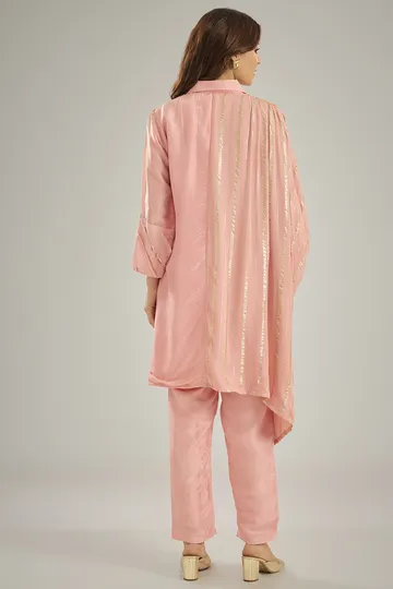 Pink Silk & Georgette Lurex Crystal Embroidered One-Side Kaftan Set image 2