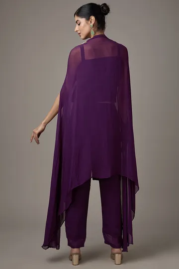 Purple Georgette Hand Embroidered Cape Set image 2