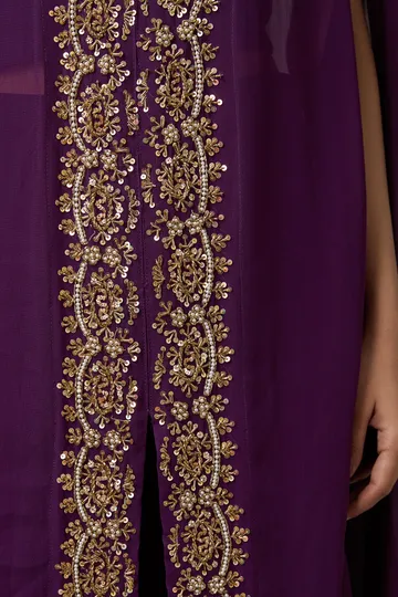 Purple Georgette Hand Embroidered Cape Set image 5
