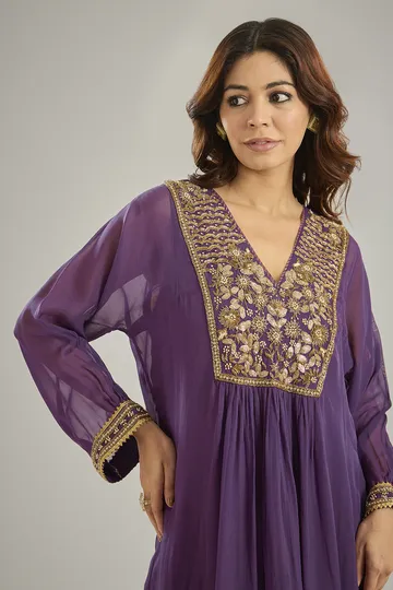 Purple Organza Tissue Nakshi Hand Embroidered Kurta Set image 4