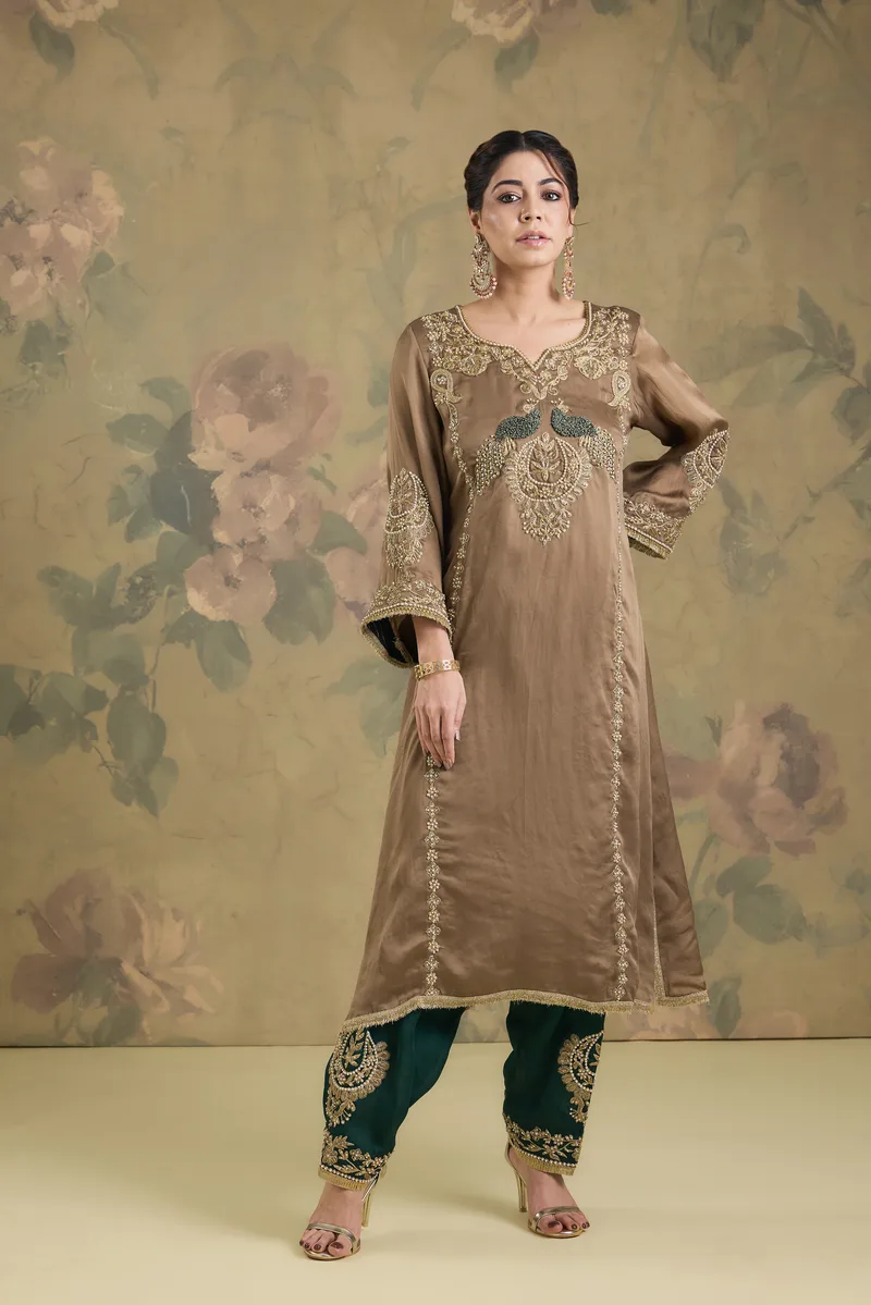 Satin Organza Kurta Set With Machine Hand Embroidery