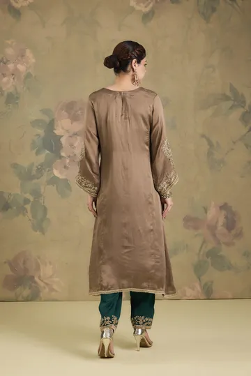 Satin Organza Kurta Set With Machine Hand Embroidery image 2