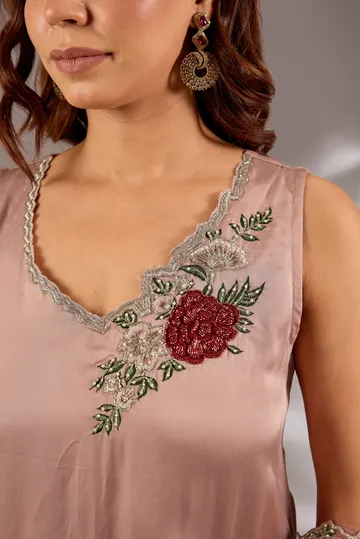 Sharara set in satin organza base with a kurta and dupatta hand and machine embroidered image 5