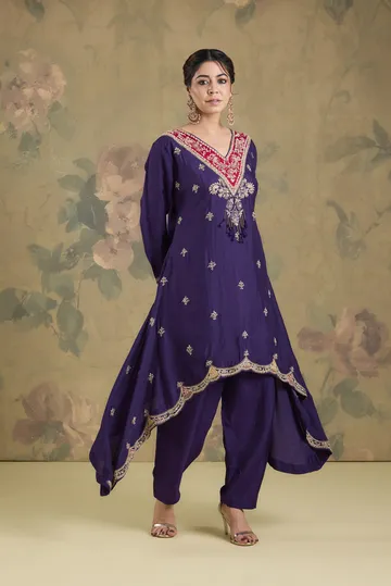 Silk Flared Kurta Set With Handwork image 3