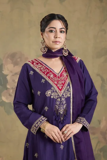 Silk Flared Kurta Set With Handwork image 5
