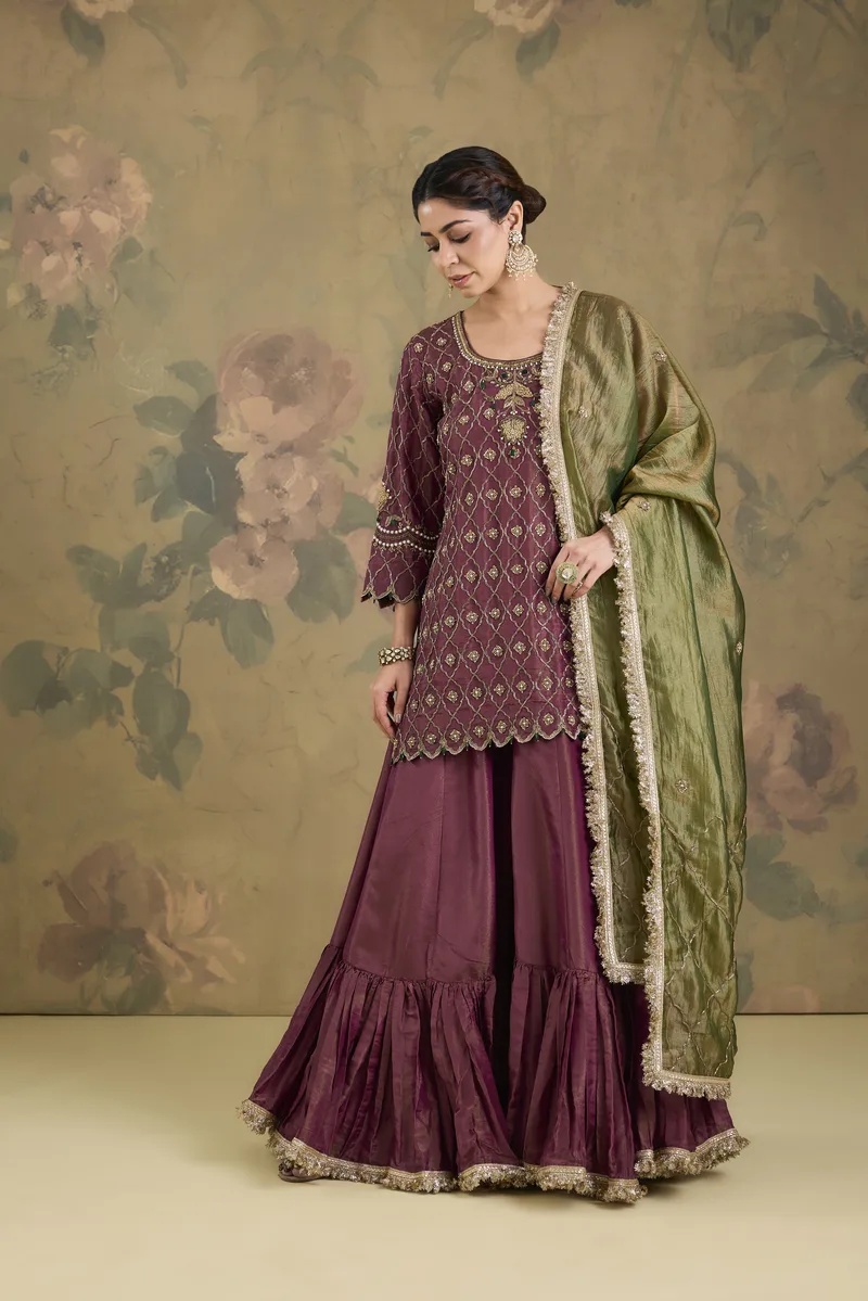 Tissue Flared Sharara Set With Contrast Dupatta And Handwork