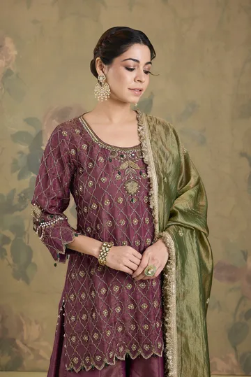 Tissue Flared Sharara Set With Contrast Dupatta And Handwork image 5