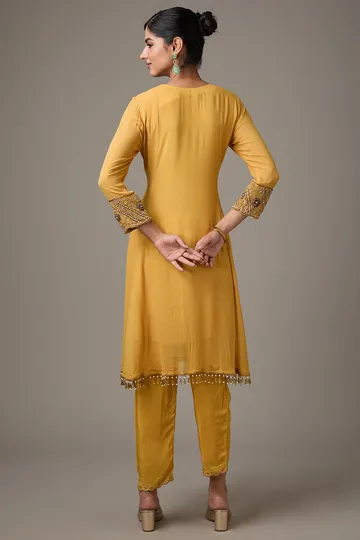 Yellow Georgette Peacock Motif Dori Hand Embroidered Anarkali Set image 2
